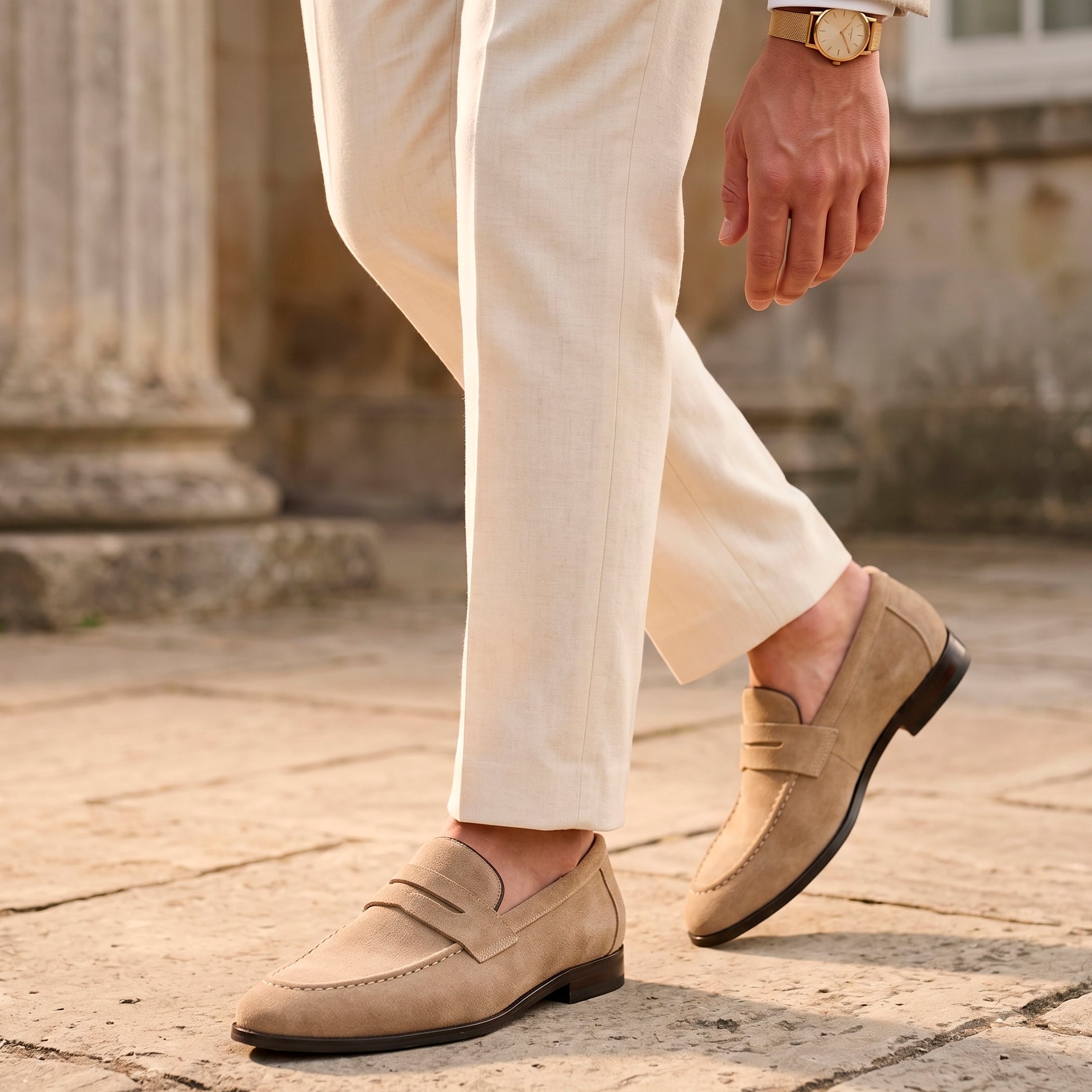 The Sloane Suede Penny Loafer — Sand